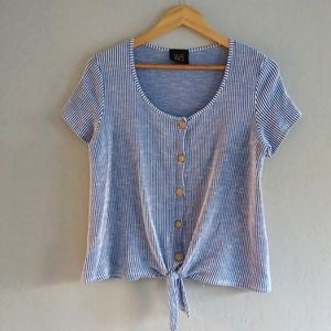 W5 - Blue & White Striped Button Up Short Sleeve Tie-Front Blouse SZ M